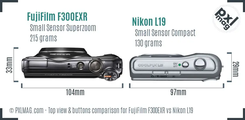 FujiFilm F300EXR vs Nikon L19 top view buttons comparison