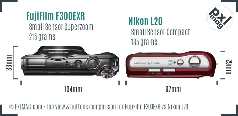 FujiFilm F300EXR vs Nikon L20 top view buttons comparison