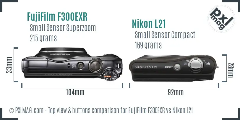 FujiFilm F300EXR vs Nikon L21 top view buttons comparison