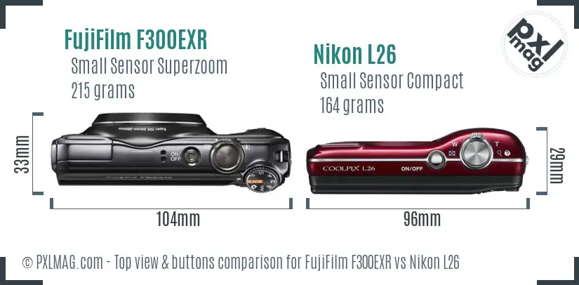 FujiFilm F300EXR vs Nikon L26 top view buttons comparison