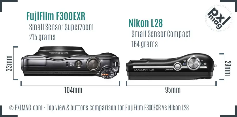 FujiFilm F300EXR vs Nikon L28 top view buttons comparison