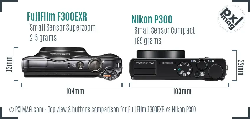 FujiFilm F300EXR vs Nikon P300 top view buttons comparison