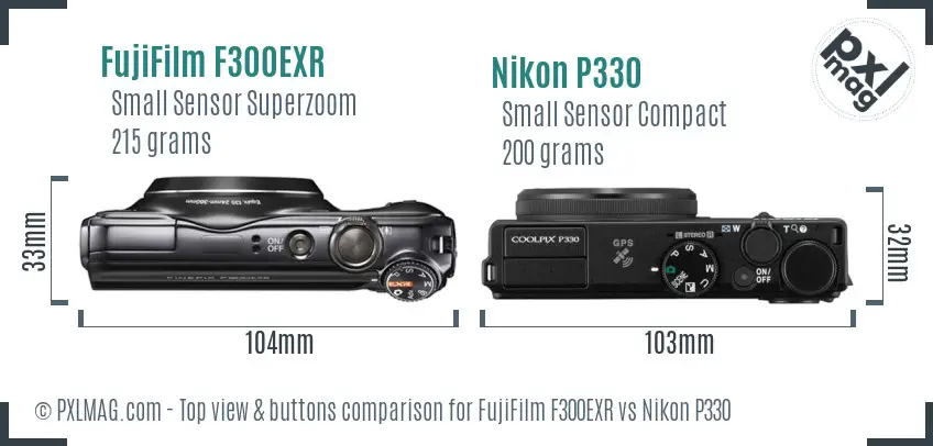 FujiFilm F300EXR vs Nikon P330 top view buttons comparison