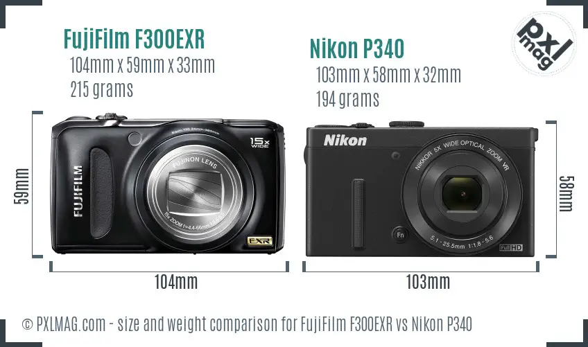 FujiFilm F300EXR vs Nikon P340 size comparison