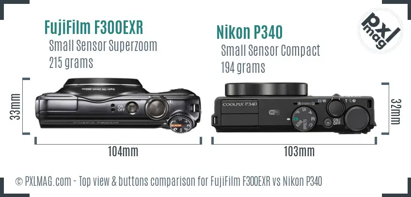 FujiFilm F300EXR vs Nikon P340 top view buttons comparison