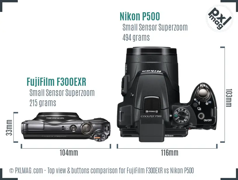 FujiFilm F300EXR vs Nikon P500 top view buttons comparison