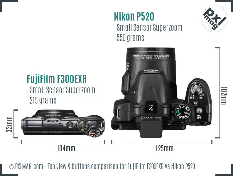 FujiFilm F300EXR vs Nikon P520 top view buttons comparison