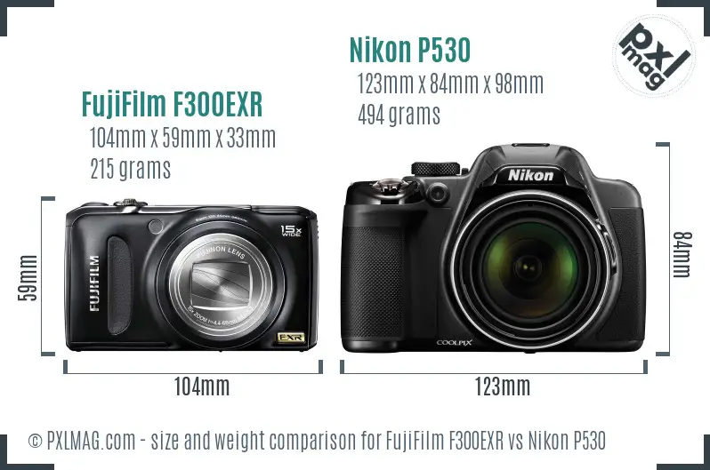 FujiFilm F300EXR vs Nikon P530 size comparison