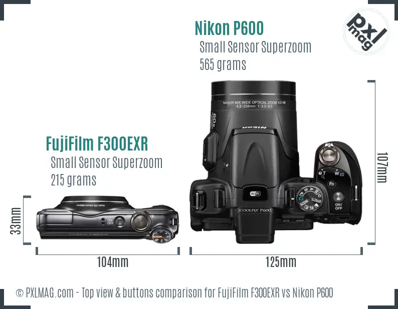 FujiFilm F300EXR vs Nikon P600 top view buttons comparison