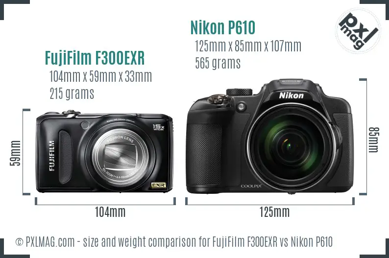 FujiFilm F300EXR vs Nikon P610 size comparison