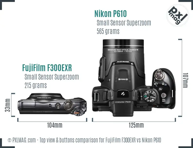 FujiFilm F300EXR vs Nikon P610 top view buttons comparison