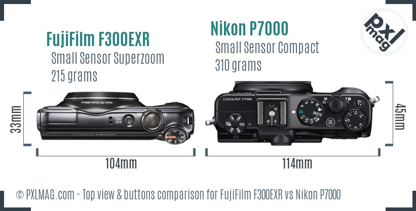 FujiFilm F300EXR vs Nikon P7000 top view buttons comparison