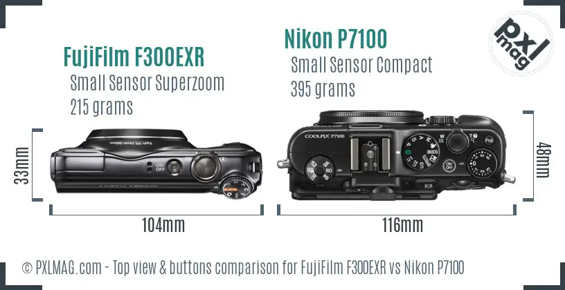 FujiFilm F300EXR vs Nikon P7100 top view buttons comparison