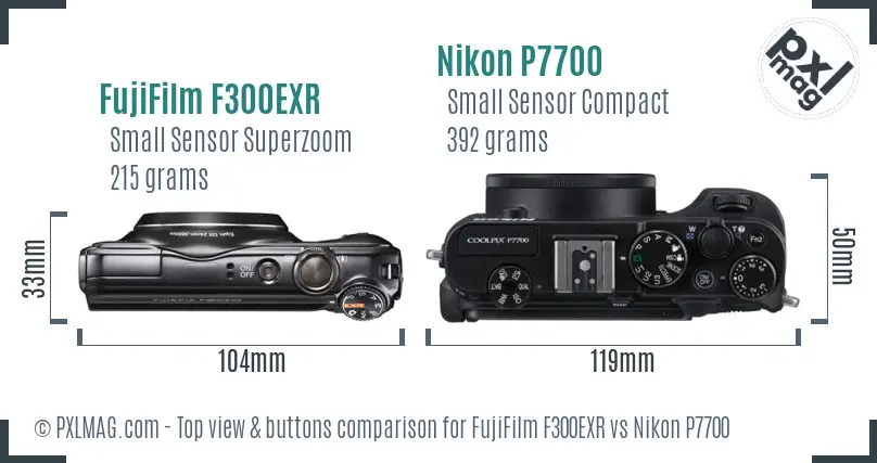 FujiFilm F300EXR vs Nikon P7700 top view buttons comparison