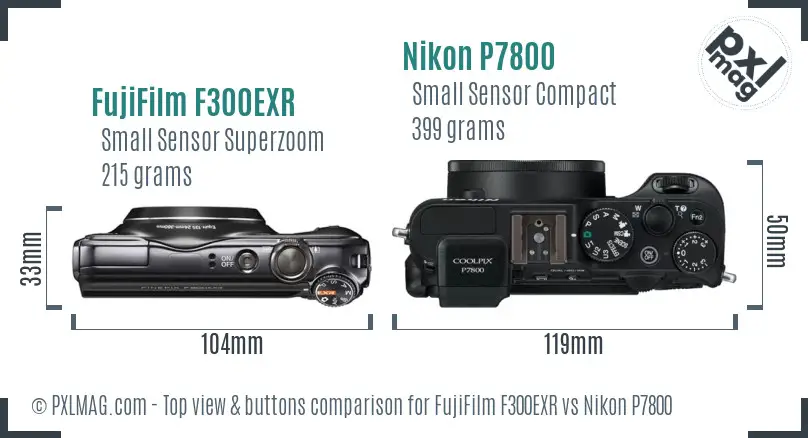 FujiFilm F300EXR vs Nikon P7800 top view buttons comparison