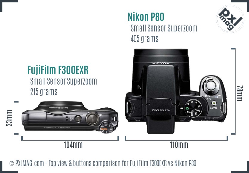 FujiFilm F300EXR vs Nikon P80 top view buttons comparison