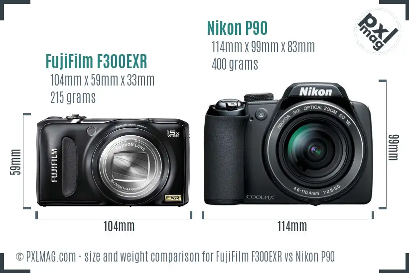 FujiFilm F300EXR vs Nikon P90 size comparison