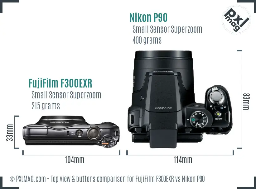 FujiFilm F300EXR vs Nikon P90 top view buttons comparison