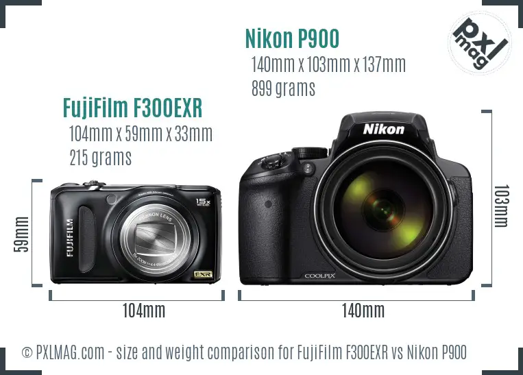 FujiFilm F300EXR vs Nikon P900 size comparison