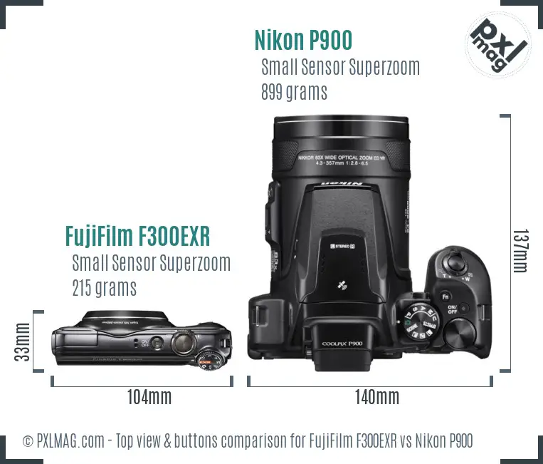 FujiFilm F300EXR vs Nikon P900 top view buttons comparison