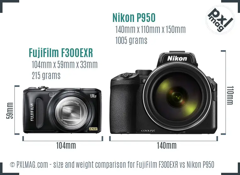 FujiFilm F300EXR vs Nikon P950 size comparison