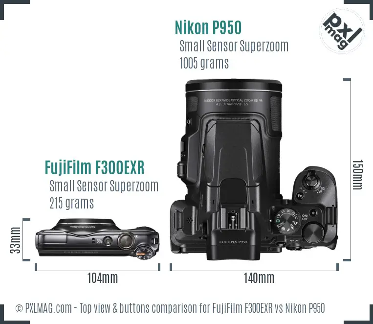 FujiFilm F300EXR vs Nikon P950 top view buttons comparison