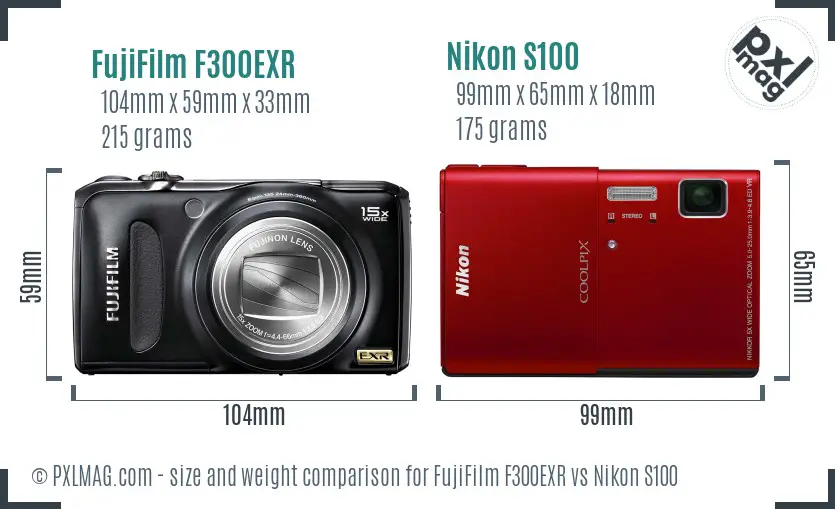 FujiFilm F300EXR vs Nikon S100 size comparison