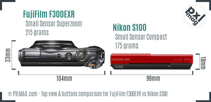 FujiFilm F300EXR vs Nikon S100 top view buttons comparison