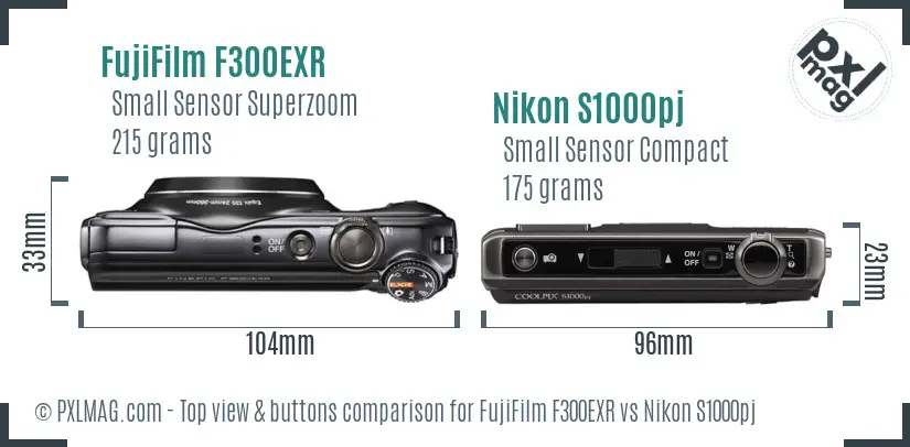 FujiFilm F300EXR vs Nikon S1000pj top view buttons comparison