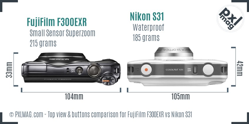 FujiFilm F300EXR vs Nikon S31 top view buttons comparison