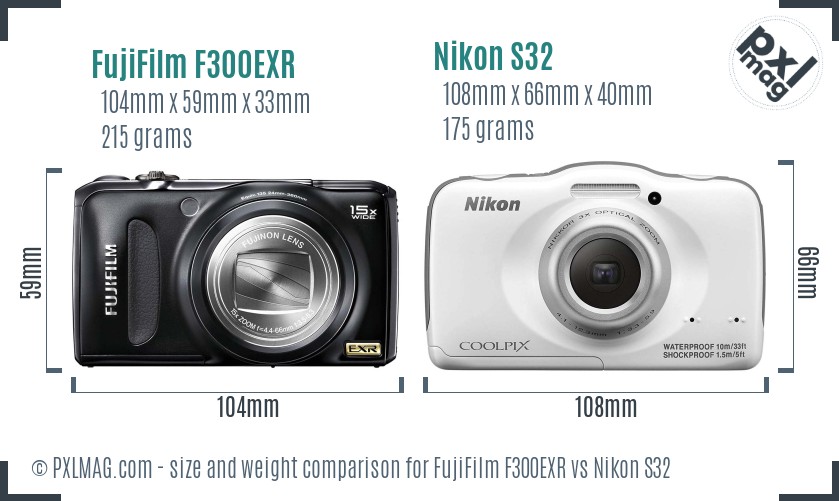 FujiFilm F300EXR vs Nikon S32 size comparison