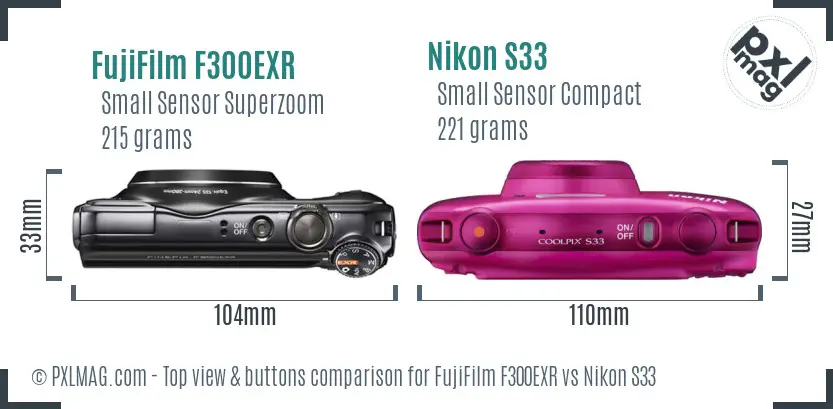 FujiFilm F300EXR vs Nikon S33 top view buttons comparison