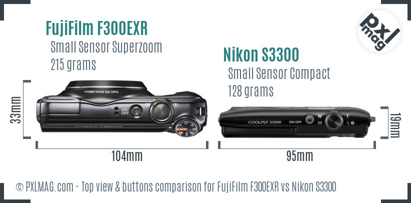 FujiFilm F300EXR vs Nikon S3300 top view buttons comparison
