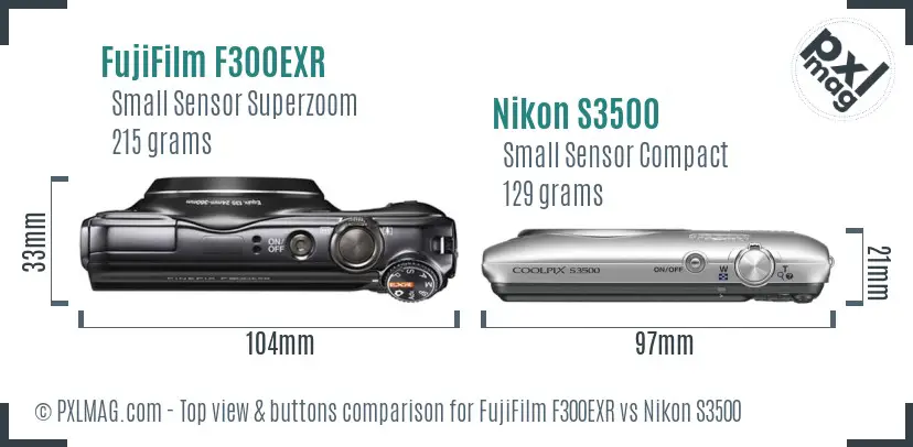 FujiFilm F300EXR vs Nikon S3500 top view buttons comparison