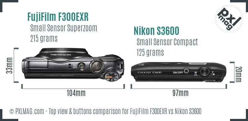 FujiFilm F300EXR vs Nikon S3600 top view buttons comparison