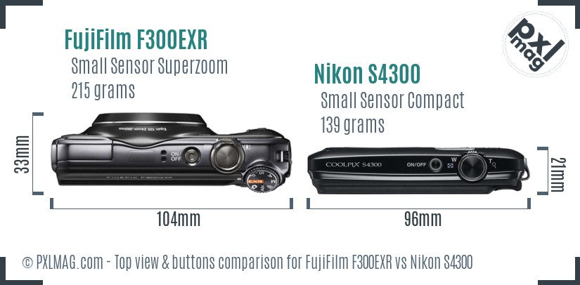 FujiFilm F300EXR vs Nikon S4300 top view buttons comparison