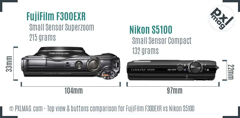 FujiFilm F300EXR vs Nikon S5100 top view buttons comparison