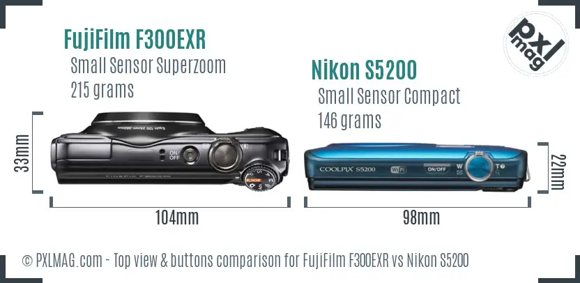 FujiFilm F300EXR vs Nikon S5200 top view buttons comparison