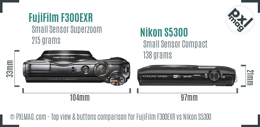 FujiFilm F300EXR vs Nikon S5300 top view buttons comparison