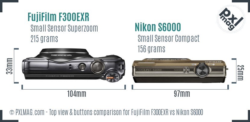 FujiFilm F300EXR vs Nikon S6000 top view buttons comparison