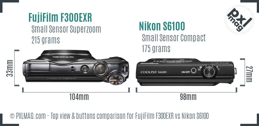 FujiFilm F300EXR vs Nikon S6100 top view buttons comparison