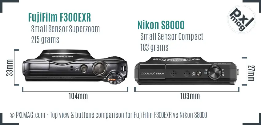 FujiFilm F300EXR vs Nikon S8000 top view buttons comparison