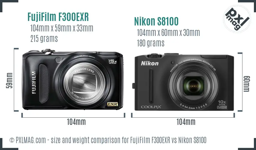 FujiFilm F300EXR vs Nikon S8100 size comparison