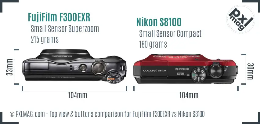 FujiFilm F300EXR vs Nikon S8100 top view buttons comparison