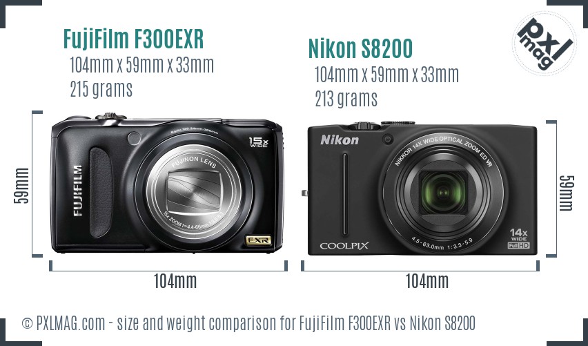 FujiFilm F300EXR vs Nikon S8200 size comparison