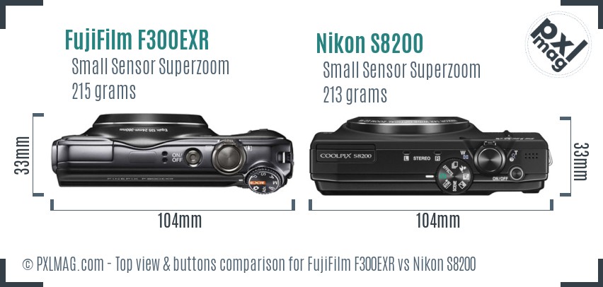 FujiFilm F300EXR vs Nikon S8200 top view buttons comparison