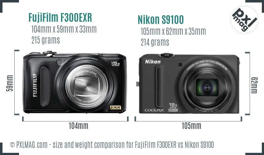 FujiFilm F300EXR vs Nikon S9100 size comparison