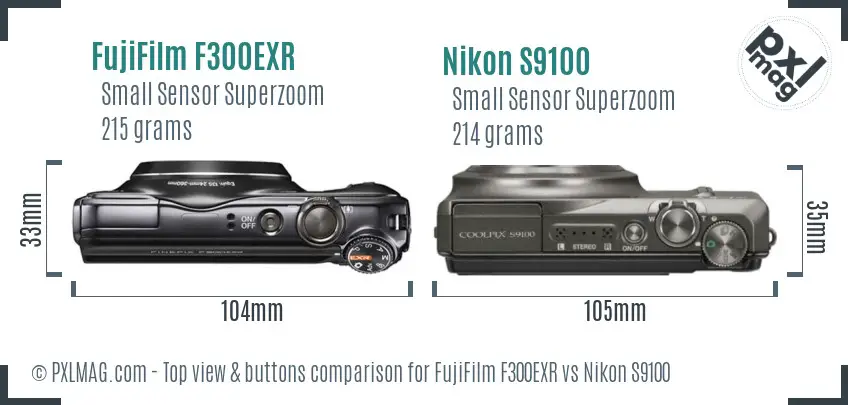 FujiFilm F300EXR vs Nikon S9100 top view buttons comparison