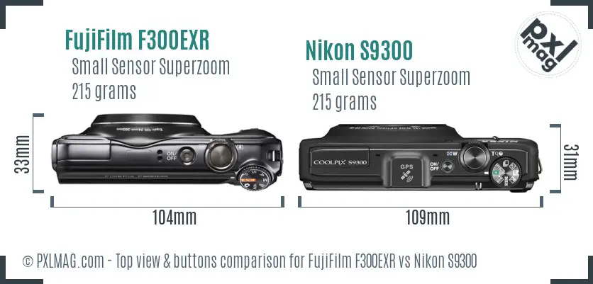 FujiFilm F300EXR vs Nikon S9300 top view buttons comparison