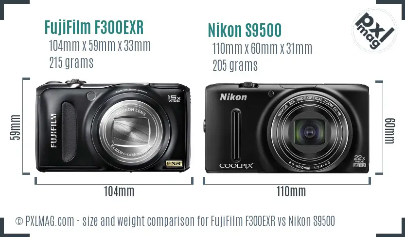 FujiFilm F300EXR vs Nikon S9500 size comparison